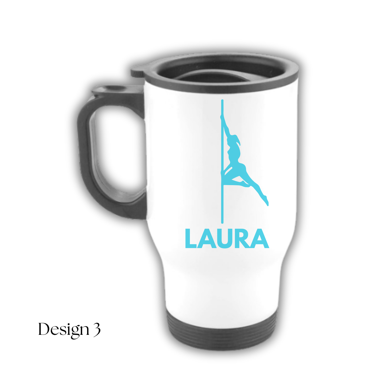 White travel mug with blue design and 'LAURA' text on a white background