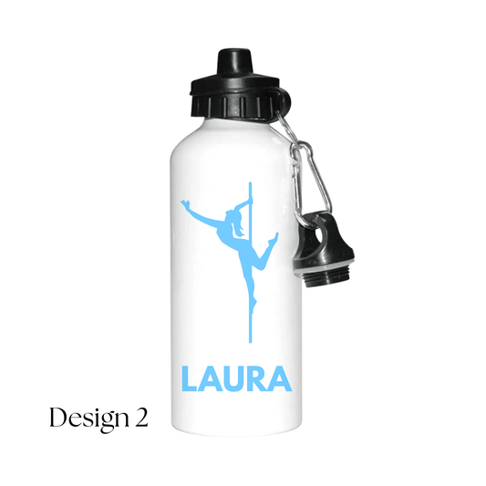 White water bottle with blue dancer silhouette and 'LAURA' text on a white background