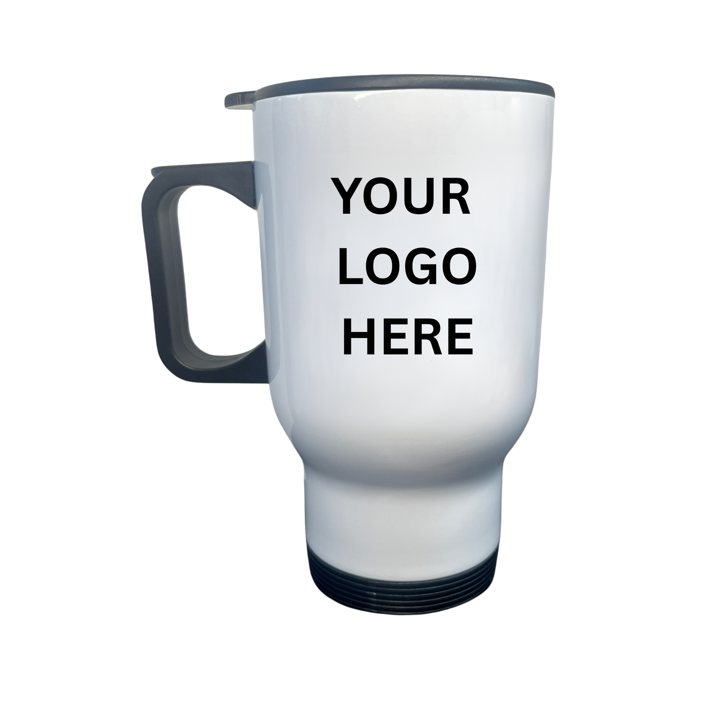 White travel mug with 'Your Logo Here' text on a white background
