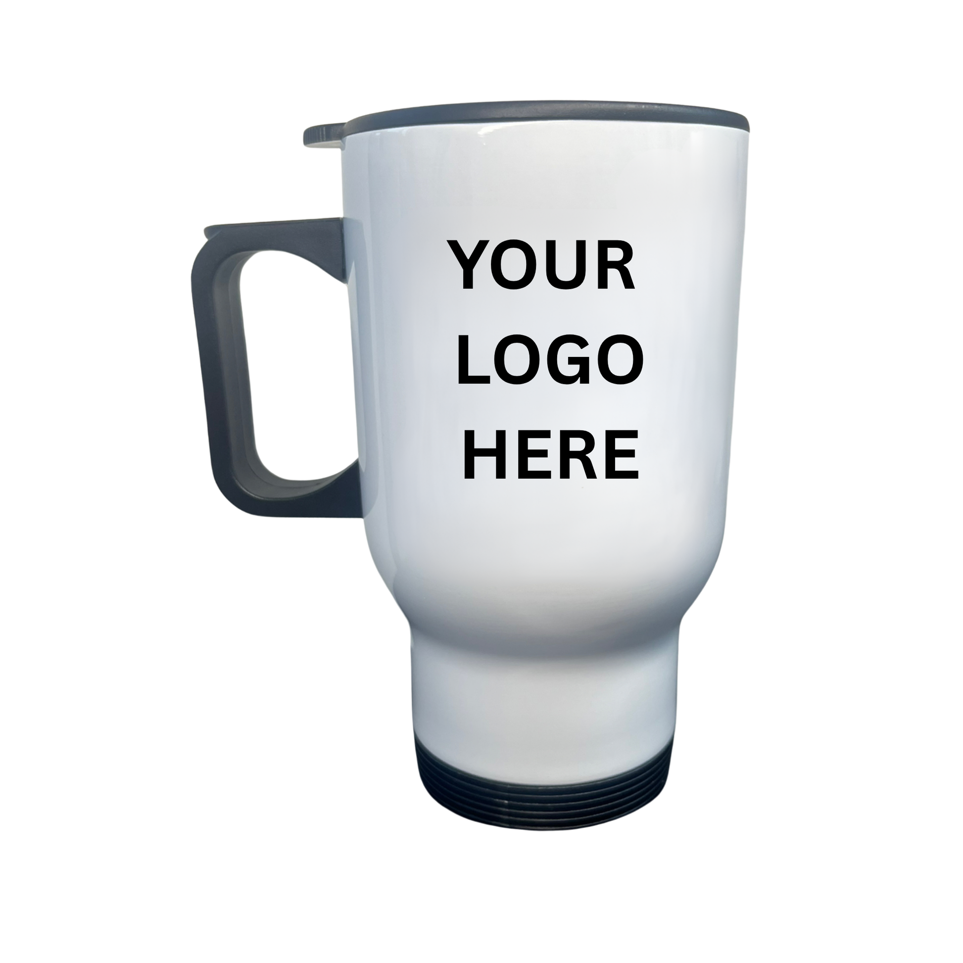 White travel mug with 'Your Logo Here' text on a white background