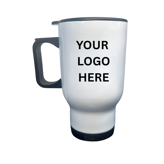 White travel mug with 'Your Logo Here' text on a white background